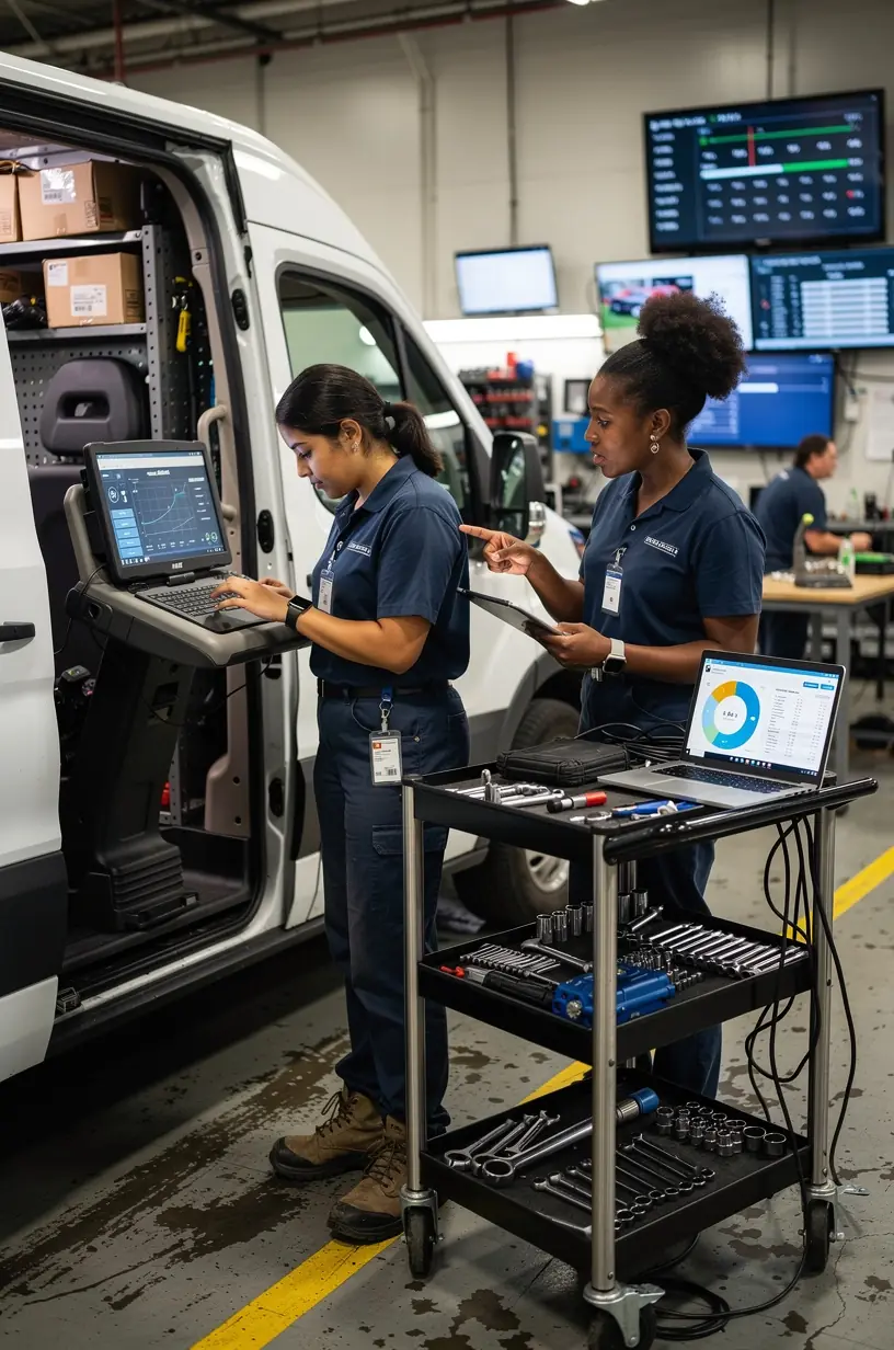 Mechanic inspecting brake system on a commercial transport truck in a well-equipped workshop