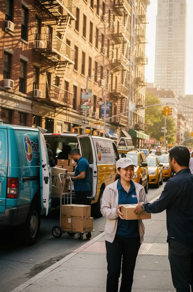Fleet maintenance staff conducting tire rotation on a taxi cab in an urban garage