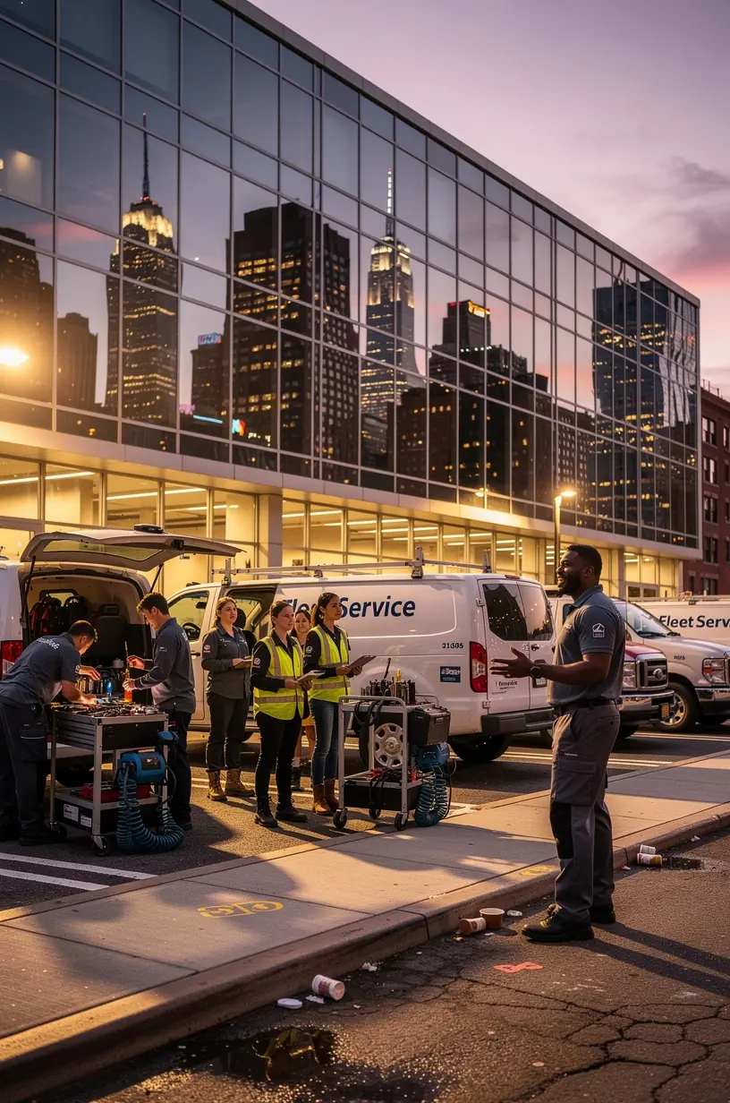 Overview of a busy New York fleet service center with multiple vehicles being serviced simultaneously