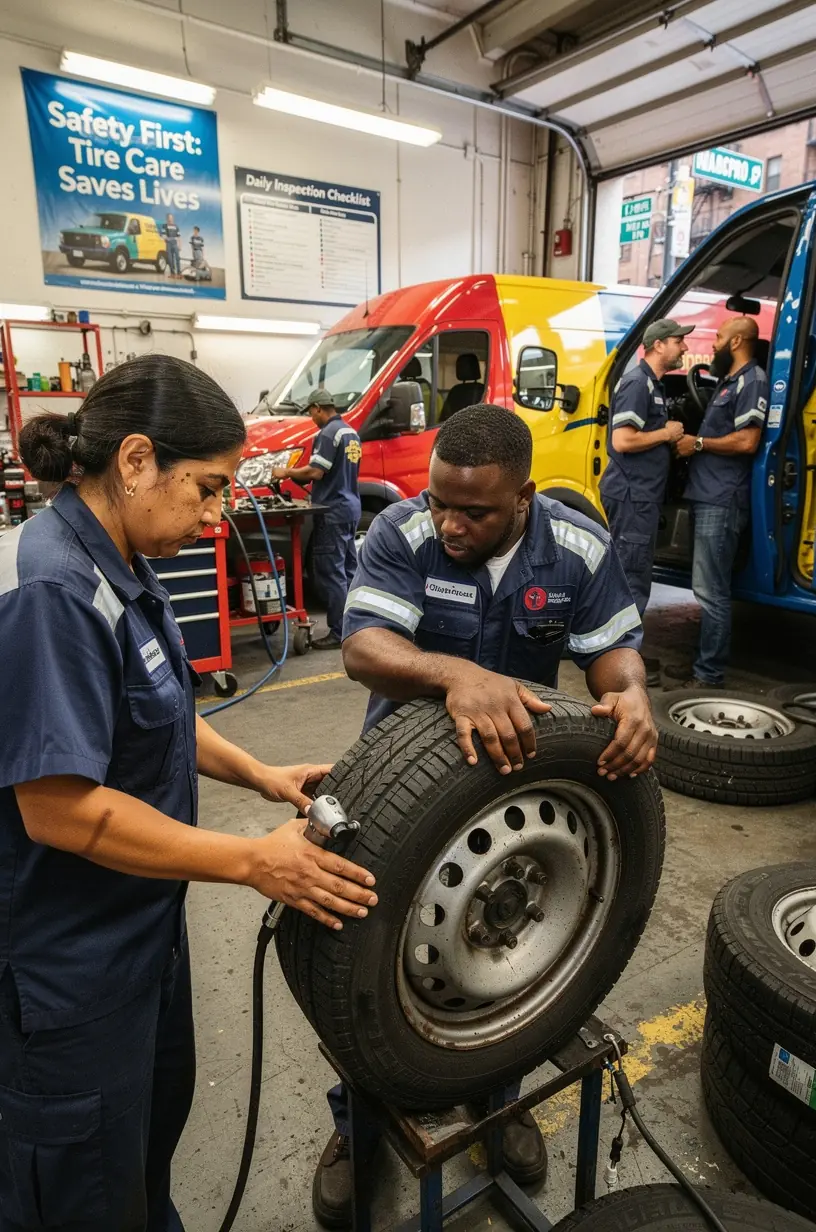 Technician explaining maintenance checklist to a fleet operator with delivery trucks in the background